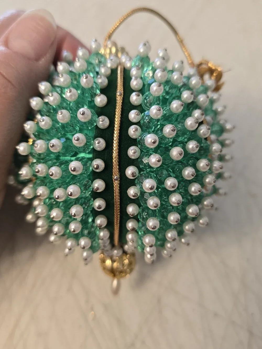 Push Pin Christmas Ornament Handmade Beaded Green and White Round READ